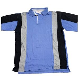 Vintage Campus 90s Blue Gray Striped Short-Sleeve Hipster Polo Shirt Men's Large